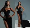 Vestidos de fiesta de sirena negros atractivos, largos para mujer, tirantes finos, satén, lado alto, tren de barrido, vestidos de fiesta de noche, ropa formal, desfile de cumpleaños, vestido de celebridad