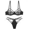 Bras Sets Hollow Perspective Women Sexy Lingerie Set Half Cup Lace Underwire Bra Panty Ultra-thin Bralette Without Inserts
