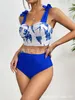 Women's Swimwear 2024 High Quality Sexy Bikinis Floral Brazilian Biquini Micro Bikini Ruffle Women Swimsuit Solid Blue Monokini Beach