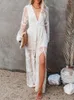 Casual Dresses Summer Boho Maxi Dress Women Long Sleeve V-ringen Lace Hollow Out Ruffles Chiffon Ladies Bohemian Beach White