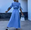 Design Denim Dress Women Fashion sexy Single-breasted Solid Elegant Deep V-neck Half Sleeves Long Dress Casual Hight Waist Solid Party Dress