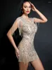 Stage Wear Shining Rhinestones Tassel Chains Mesh Transparent Dress Evening Party Women Singer Celebrity Catwalk Performance Costume