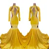 Vintage Yellow Long Sleeve High Neck Prom Dresses Mermaid Sexy Cutaway Sides Keyhole Neck Evening Gowns With Crystals Teens Graduation Robes