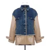 Kvinnorjackor Fashion Clothing Patchwork Hit Color Denim Coats Lapel Collar Long Sleeve High midjejackor för 240301