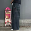 Kadınlar kot sokak kıyafeti büyük cep yıkanmış mektup işlemeli kadın sokak hip hop düz paspas geniş bacak pantolon unisex