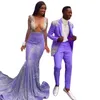 Gliter Purple Sequined Prom Dresses Sheer Long Sleeves Deep V Neck Mermaid Evening Gowns African Girls Graduation Party Dress Wears