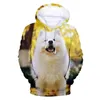 Hoodies femininos outono samoye cão animal impressão 3d moda feminina casual moletom com capuz oversized crianças pullovers roupas de treino