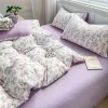 Conjunto de roupa de cama de algodão lavado classe A, 4 peças, pequeno, fresco, conjunto de colcha de fio duplo, lençol floral, dormitório, 3 peças