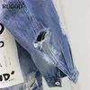 Women's Jackets RUGOD 2018 Letter Print Frayed Jean Women Autumn Winter Hole Denim Coat Female Bomber Jackets Casaco 240301