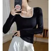 Women's T Shirts Summer 2024 Women Ribbed Top Long Sleeve Stretch Basic Tee Shirt Fashion Patchwork Square Collar T-shirt Y2k Sexig Tight