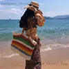 Shoulder Bags 2023 Women Rainbow color Handbag Beach Bag Rattan Woven Handmade Knitted Str Large Capacity Tote Leather Women Shoulder Bag T240301