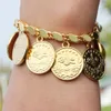 Punk Personality Gold Plated Portrait Coins Bracelet Bangle for Women Round Pendant Carved Turkish Flower Jewelry Accessories 240219