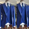 Suits Yeni Mavi Gri Donanma Halat Çizgisi Düğün Smokin 3 Parçalar İnce Fit Erkek Takım Mavi Erkekler Balo Blazer Pantolon (Ceket+Pantolon+Yelek)