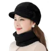 Berets 2Pcs Autumn Winter Beanies Caps Neck Warmer Knitted Peaked Flower Pompom Decor Thermal Middle-aged Women Hat Scarf Set