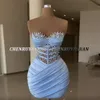 Sky Blue Cocktail Dresses Sweetheart Bead Sheath Mini Evening Formal Gown Pleat Satin Elegant Dres For Wedding Party 240228