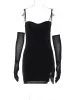 Sukienka Hugcitar Black Shine Slip Backless z rękawiczkami Slit Sexy Bodycon Mini Prom Dress 2022 Fall Women Eleganckie ubrania przyjęcie urodzinowe