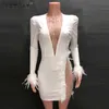 Basic Casual Dresses Casual Dresses Sexy See Through Sequin Mesh Patchwork Deep White Feather Mini Dress Ladies Nightclub Vestidos 240302