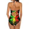 Roupa de banho feminina folha rasta cores pingando tinta preta malha maiô uma peça sem costas sexy beach wear verão fatos de banho fantasia