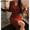 Casual Dresses BGteever Spring Vintage Slim midje dampaket HIP MIDI klänning Elegant långärmad V-Neck Kvinnlig fast mager bodycon