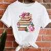 Women's T Shirts Book Flower High Heels Creative Printing Fashion Top Casual Round Neck