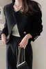 GKYOCQ Koreańska moda płaszcza francuska elegancka i ładna czarna tweedowa kurtka o szyja długi kurtki Kobieta 240226