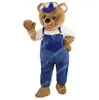 Halloween Custom Brown Bear som bär blå overaller Mascot kostym Fancy Dress Carnival Birthday Party Plush Costume