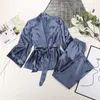 Kvinnors sömnkläder hiloc hemdräkt för kvinnor lösa flare byxor tre kvart ärm satinrock sätter badrock bär mode 2024