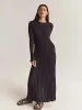 Dress Women Solid Ribbed Knitted Maxi Dress Elegant Slim Oneck Long Sleeve Lace Up Aline Dresses 2023 Autumn Lady Streetwear Robe
