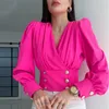 Kvinnors blusar Autumn Winter Sexig Long Puff Sleeve V Neck Ruched Button Corset T-shirt Blus Y2K Ins Clothes Elegant Shirt Top for Women