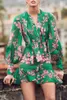 Robes décontractées de base élégant arc à manches longues vert robes florales pour les femmes piste concepteur Mini femme en mousseline de soie 240302