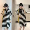 Dresses O19742# Pregnant Woman Clothes Dress Women Korean Style Striped Knitted Pregnancy Dress