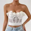 Camis kvinnor sexiga spetsar broderier camis sommar tie blomma ihåliga ut bröstet wrap het söt rygglös off axelkorsett chic tank tops