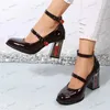 Klänningskor Lucyever Gothic Rose High Heels Pumps Women 2023 Fashion Patent Leather Mary Jane Shoes Woman Ankel Strap Cosplay Lolita Shoes T240302