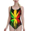 Roupa de banho feminina folha rasta cores pingando tinta preta malha maiô uma peça sem costas sexy beach wear verão fatos de banho fantasia