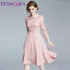 Klänningar tesscara kvinnor vår elegant rosa spetsklänning skjorta hög kvalitet vintage svans party robe femme designer kontor vestidos