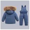 Down Coat Baby Girl Winter Jacketkläder Set -30 grader Barn tjockare varma päls krage rockar jumpsuit spädbarn snöar 0-6 år