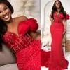 2024 Aso Ebi Red Mermaid Prom Dress Sheer Neck Crystals Beaded Evening Formal Party Second Reception 50th Birthday Engagement Gowns Dresses Robe De Soiree ZJ90