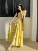 Robe Maxi robe sans manches femmes évider jaune Sexy Harajuku solide tendre pour dames mode coréenne robes De Ropa Mujer décontracté