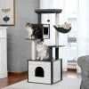 Scratchers Modern Cat Tree Wood Cat Tower med förvaringsskåpskullhölje och rymlig kattlägenhet, stor topp abborre och hängmatta