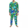 Ropa de dormir para hombres Hippy Violet Print Otoño Abstracto Líquido Remolino Retro Conjuntos de pijamas de gran tamaño para hombre Mangas largas Ropa de dormir suave para la noche