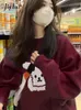 Jielur Korean Black Burgundy Hoodies Women Warm Fleece Cute Rabbit Kpop Sweatshirt Girls Oneck Kawaii Top Female Hoodie MXXL 240219