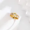 Classic Square Crystal Roman numerals Zircon Wide Faced Womens Fashion 14k Yellow Gold Ring