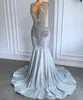 Kvinnor Silver Long Mermaid Prom Dress 2024 Sexig Sheer Mesh Luxury Sparkly Handmased Diamond Black Girl Prom Formal Gala klänningar Anpassade Robe de Soiree