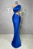 Royal Elegant Blue Mermaid Evening with Beads Sequins High Neck Sheer Long Sleeve One Shoulder Satin Beading Lace Formal Prom Dresses Cutaway Sides