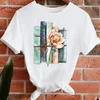 Women's T Shirts Book Flower High Heels Creative Printing Fashion Top Casual Round Neck