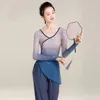 Stage Wear Dancewear Donna Top Sparkle Strass Shine Dancer Camicia a maniche lunghe Foro per pollice Stile cinese Sheer Hanfu Orientale