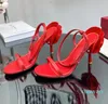 Nowy kwiat ozdobiony sztylet sztylet sandał 1959 LN Calfskin Woman Rouge pur kostka na wysokim obcasie luksusowe buty designerskie buty modne