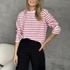 Blusas femininas casual camiseta listrado impressão solta ajuste o pescoço manga longa topo para primavera outono streetwear moda elegante