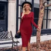 Abiti casual Donna Primavera Autunno Maxi Abito da ballo Con lacci Scollo a V Slim Elastico Tinta unita Manica lunga Orlo diviso Lunghezza a metà polpaccio Lady Midi