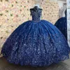 Темно-синее бальное платье на бретельках с кристаллами и бисером, платья Quinceanera, 3D цветы, расшитый блестками, кружевной корсет, Vestidos De 15 Anos